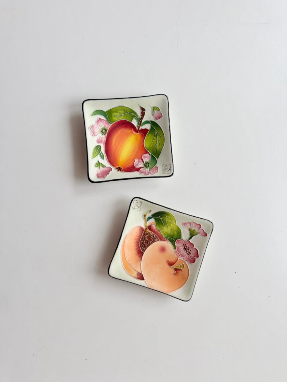 Pair of J MCCALL Painted Fruit Ceramic Decorative Square Trinket Dishes Wall Art